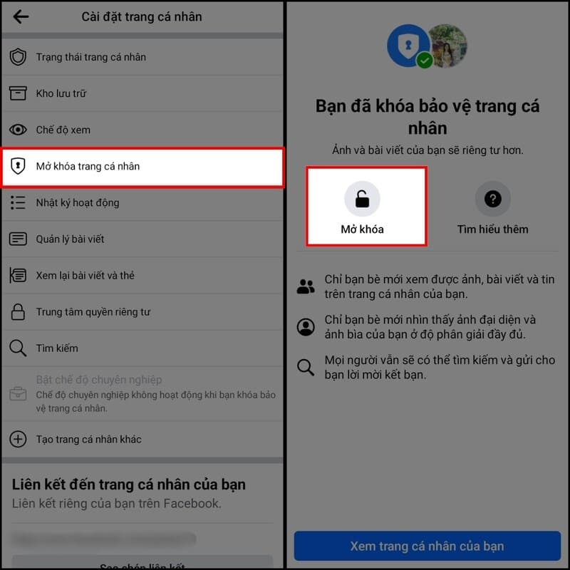 Các bước mở khóa bảo vệ trang cá nhân Facebook