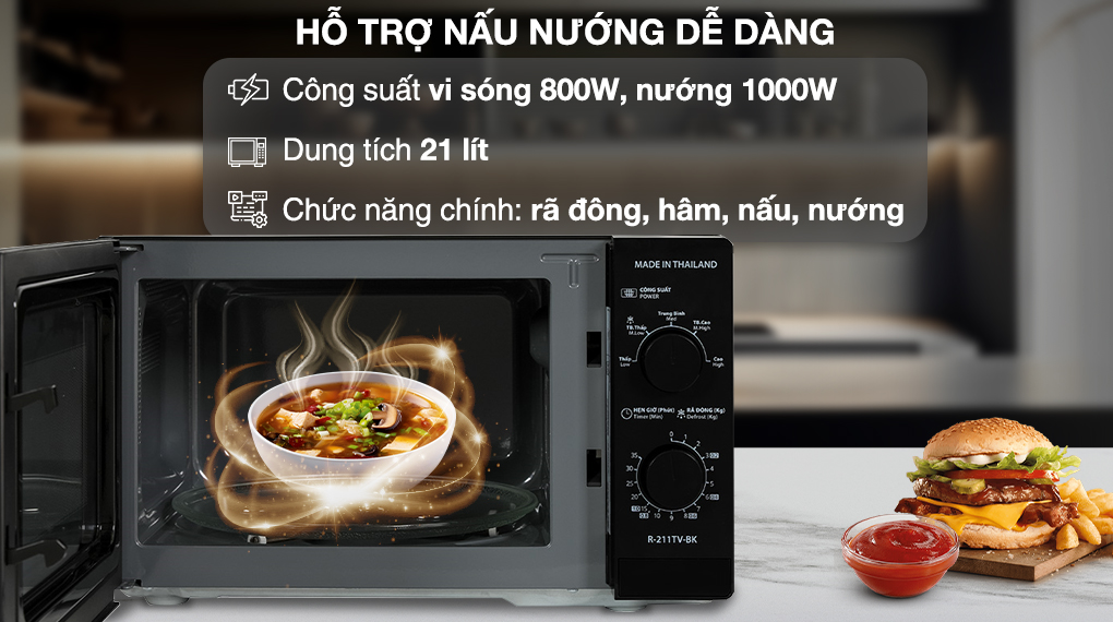 Lò vi sóng có nướng Sharp R-G211TV-BK 21 lít - Hỗ trợ nấu nướng