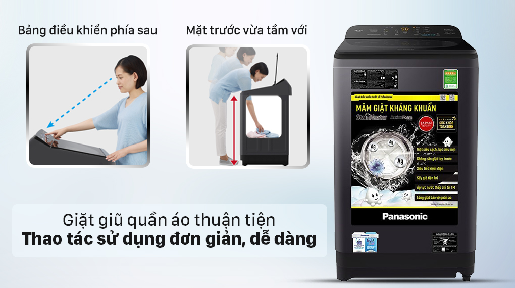 Máy giặt Panasonic 8.5 Kg NA-F85A9BRV - Bảng điều khiển lớn ở trung tâm giúp thao tác thuận tiện hơn và mặt trước vừa tầm với dễ dàng lấy quần áo sau mỗi lần giặt