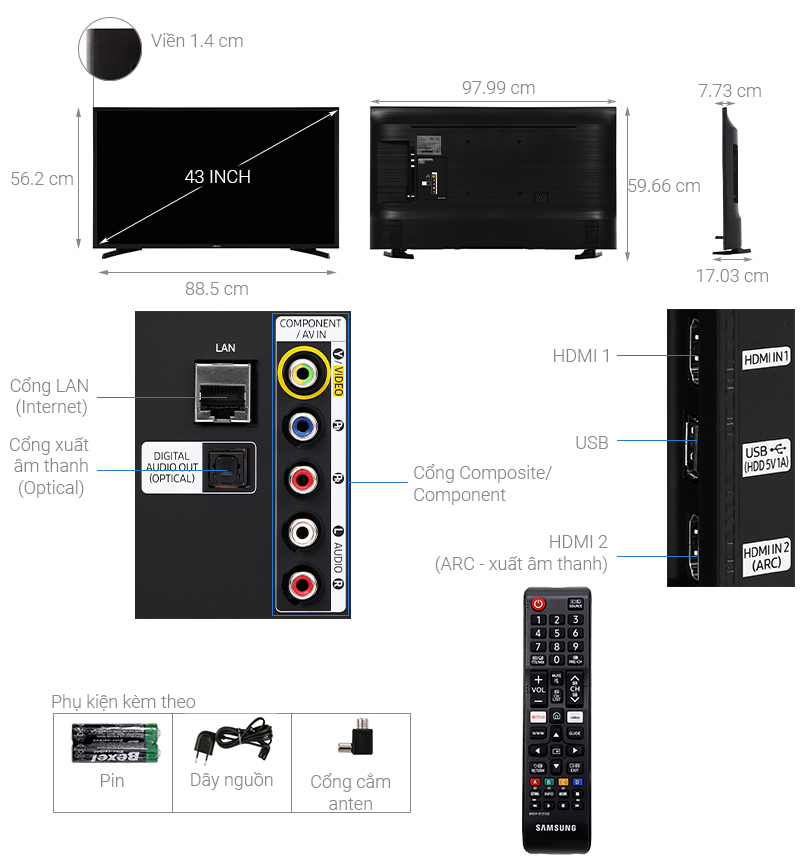 Thông số kỹ thuật Smart Tivi Samsung 43 inch UA43T6000