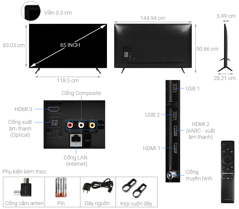 Thông số kỹ thuật Smart Tivi Samsung 4K 65 inch UA65TU8100