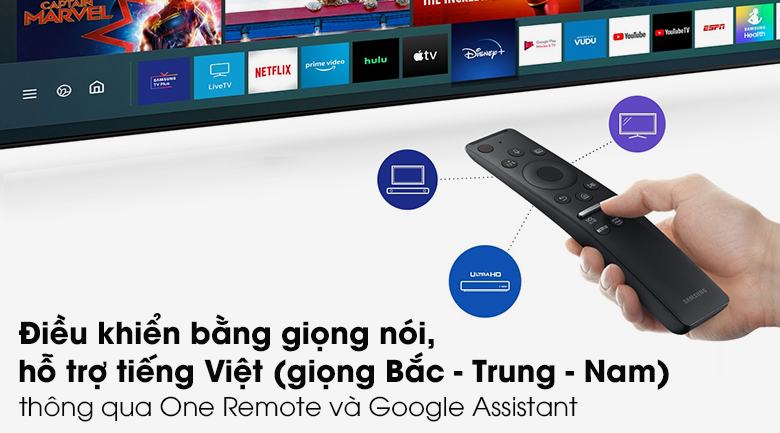 Smart Tivi Samsung 4K 55 inch UA55AU7700 - Điều khiển, tìm kiếm bằng giọng nói hỗ trợ tiếng Việt nhờ có One Remote và Google Assistant